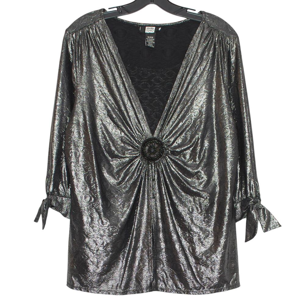 Studio 1940 Top 3/4 Sleeve Metallic Y2K Disco Retro Glam Party Silver 14/16W